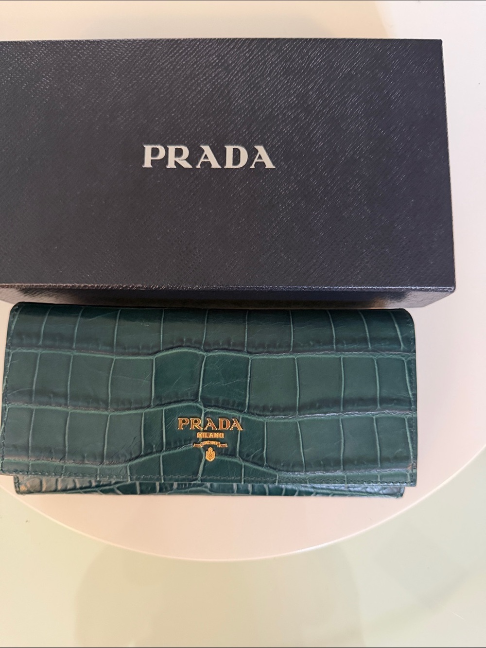 Prada Dark Green Croc-Embossed Continental Wallet with Gold Logo New with Tags